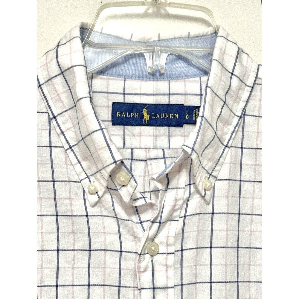 Polo Ralph Lauren Men’s Dress Shirt Grid Plaid White Blue Pink Large